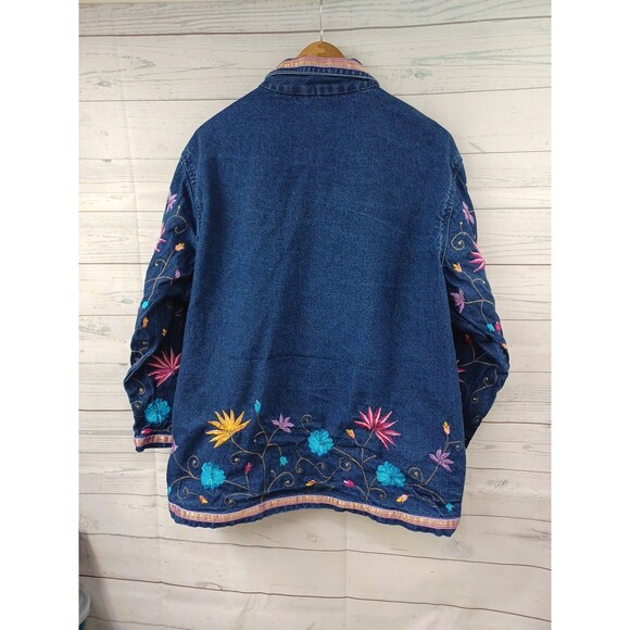 Life Style Womens Long Sleeve Floral Embroidered Denim Jean Jacket Blue Sz 1X - Picture 4 of 9